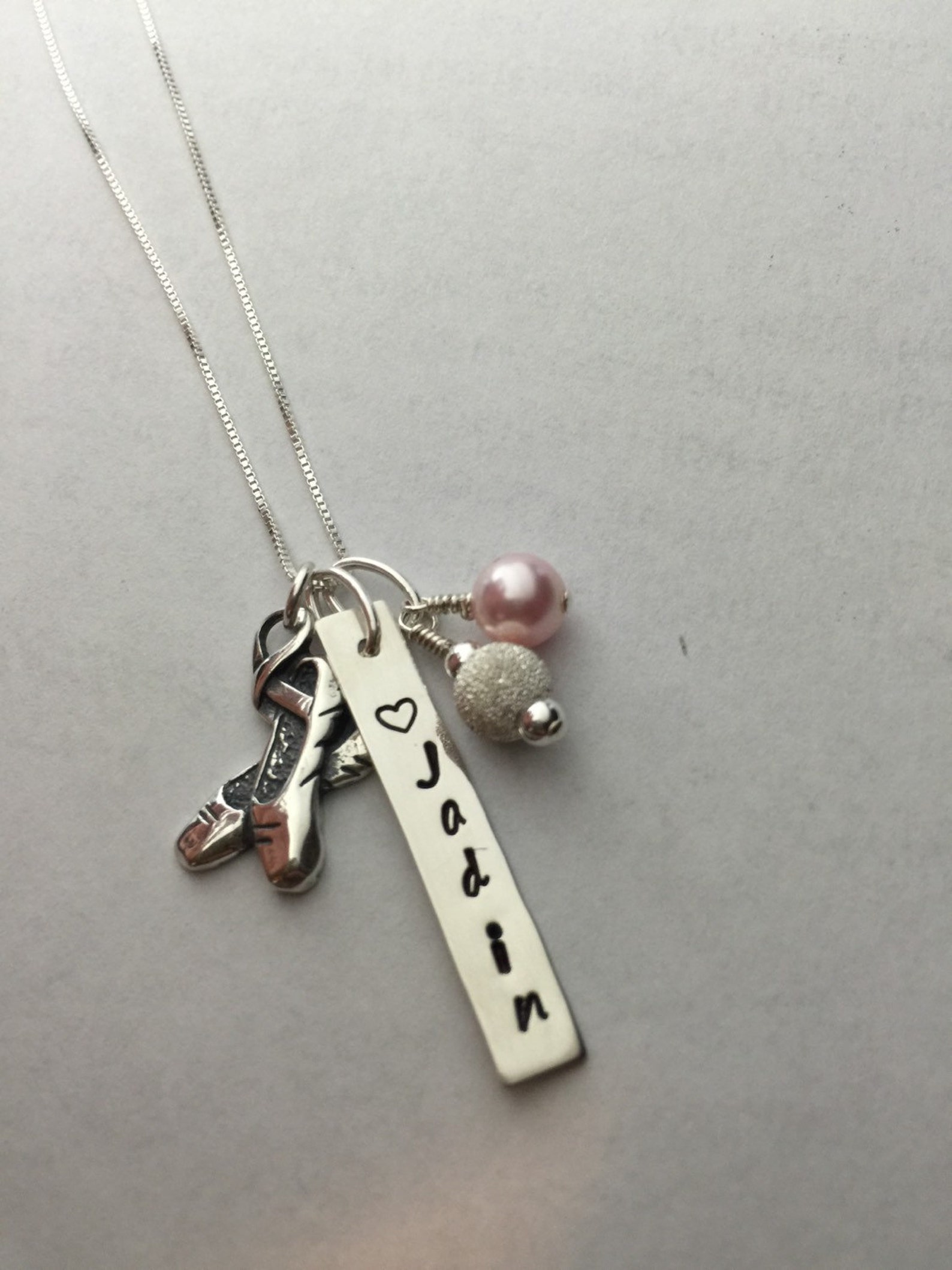 personalized sterling silver ballet shoes necklace with sterling silver bead and swarovski pearl, dancer gift, recital gift,gift