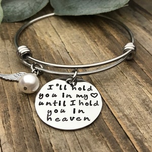 I'll Hold  You In My Heart Until I Hold You In Heaven Bracelet, Hand Stamped Jewelry, Remembrance, Sterling Angel Wing, Sympathy Gift