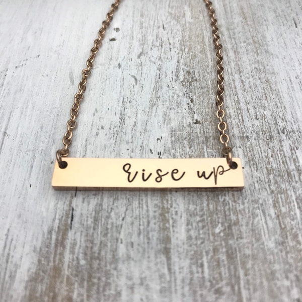 Custom Bar Pendant Necklace, Rise Up Necklace, Horizontal Necklace, Rose Gold Rainbow Black Stainless Steel, Word Jewelry, Hand Stamped