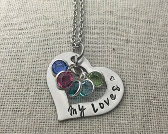 Personalized My Loves Birthstone Necklace, Hand Stamped Jewelry, Custom Heart Necklace, Family Jewelry, Open Heart Necklace, Mother's Day