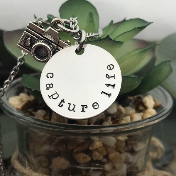 Capture Life Camera Necklace, Photographer Jewelry, Hand Stamped Necklace, Photographer Gift,  Capture Moments, Photography Jewelry Camera