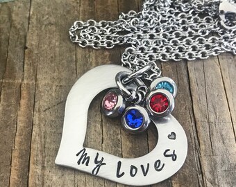 Personalized My Loves Birthstone Necklace, Hand Stamped Jewelry, Custom Heart Necklace, Family Jewelry, Open Heart Necklace, Mother's Day