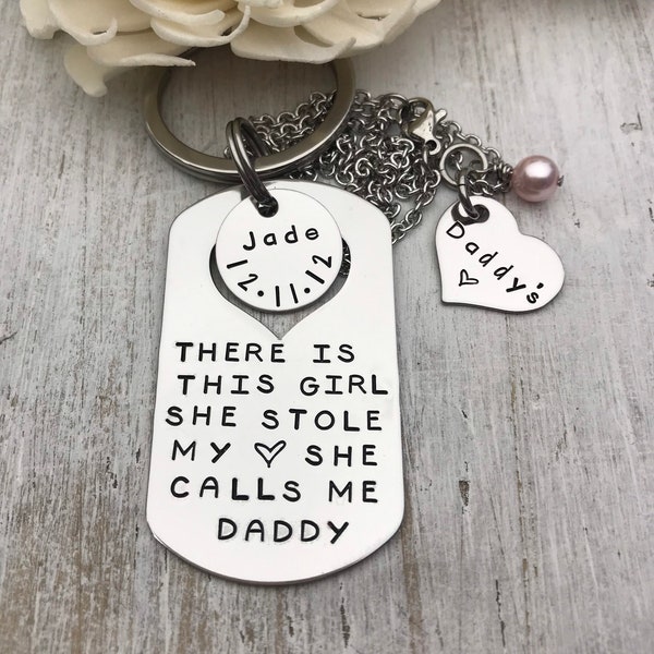 There is This Girl She Stole My Heart She Calls Me Daddy, Custom Daddy & Daughter Key Chain Necklace Set, Custom Gift For Dad, Dad Daughter