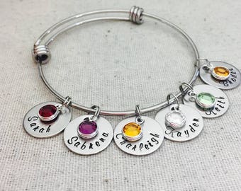 Personalized Names Charm Bracelet- Expandable Wire Bracelet-Hand Stamped- Gift For Her-Mother's Jewelry- Family Bangle Bracelet-Mother's Day