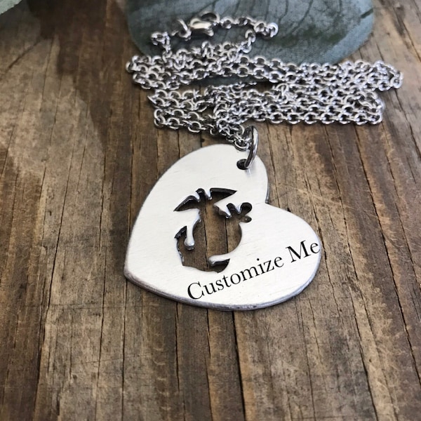 Custom Marine Necklace, EGA Heart Necklace, Marine Corp, Key Chain, Military Wife, Mom, Girlfriend, My Marine, USMC Jewelry, EGA, Semper Fi,