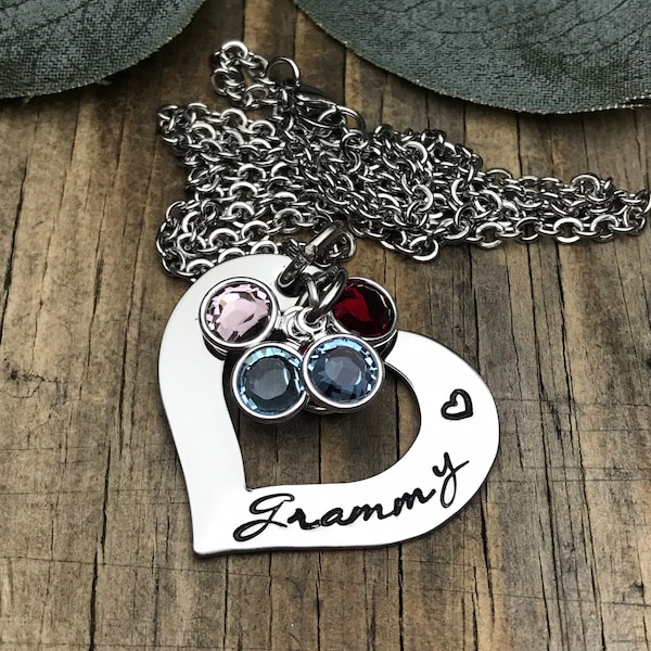Collar personalizado de piedra de nacimiento Grammy, collar de corazón abierto, nietos, joyería de nombre, abuela, día de la madre, Grammy, gramo, Nana, Gigi