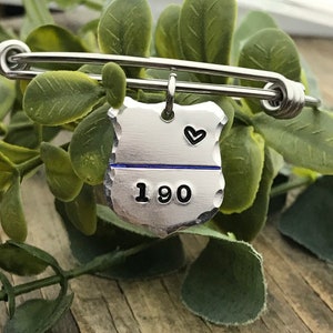 Custom Police Badge Bracelet, Thin Blue Line And Heart Jewelry, Gift For Police Mom, Wife, Hand Stamped Badge Charm, LEO, Back The Blue,Hero
