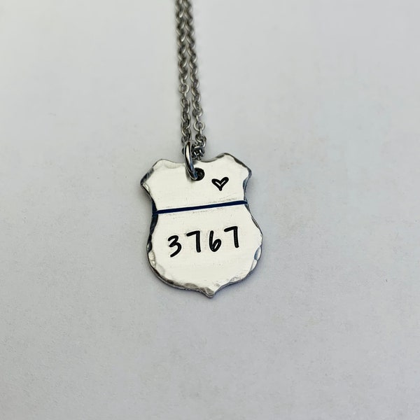 Custom Police Badge Necklace, Thin Blue Line And Heart Jewelry, Gift For Police Mom, Wife, Hand Stamped Badge Charm, LEO, Back The Blue,Hero