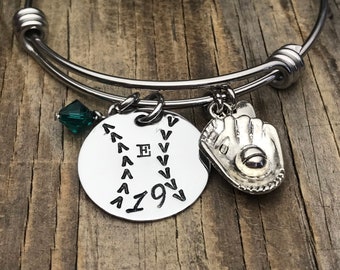 Baseball Bracelet, Custom Baseball Player Bangle,Baseball Mom Jewelry, Hand Stamped Baseball Charm, Softball Mom, Sports Mom Bracelet, Glove