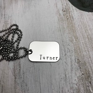 Personalized Name Necklace, Small Stainless Steel Dog Tag, Name Jewelry, Young Man Necklace, Dad Gift, Father's Day, Hand Stamped Name Gift image 2