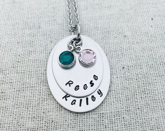 Personalized Layered Oval Necklace - Hand Stamped Stainless Steel - Stacked Necklace - Mommy Necklace - Kids Names Birthstones -Gift for Mom