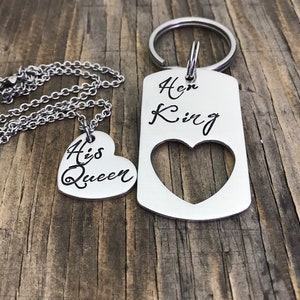 His Queen Her King Couples Set, Custom Key Chain Necklace Gift, Anniversary,Heart Key Chain Set, I Love You Gift, Queen And King,Anniversary