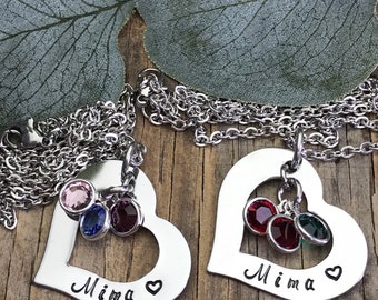 Personalized Mima Birthstone Necklace, Open Heart Jewelry, Grandchildren, Grandma Heart Necklace, Mima Jewelry, Mother's Day, Nana, Granny