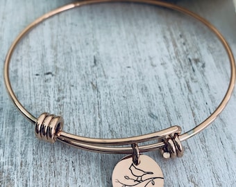 Cardinal Disc Bracelet, Personalized Symbol Bracelet, Tiny Disc, Hand Stamped Charm, Rose Gold Stainless Steel, Remembrance Jewelry, Bird