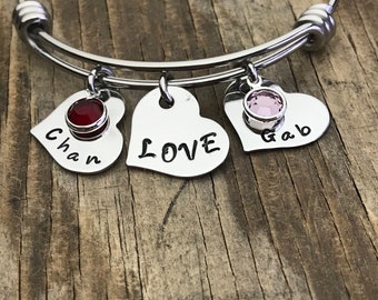 Custom Name Bracelet, Love Bangle, Mother's Gift, Family Jewelry, Grandchildren, New Mom Gift, Name Jewelry, Heart Jewelry, Gift For Mom