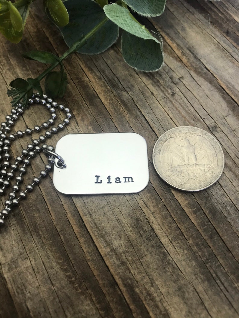 Personalized Name Necklace, Small Stainless Steel Dog Tag, Name Jewelry, Young Man Necklace, Dad Gift, Father's Day, Hand Stamped Name Gift image 3