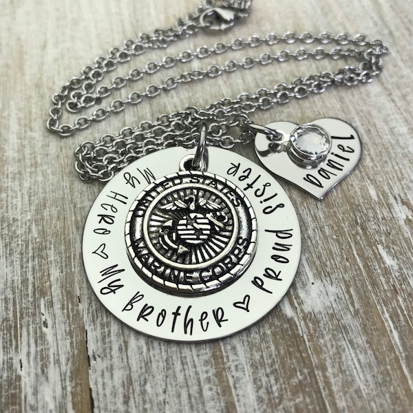 My Hero My Brother Proud Sister Custom Marine Necklace, Marine Corp Key Chain, US Military,USMC, Proud Marine Sister, My Hero My Sister, EGA