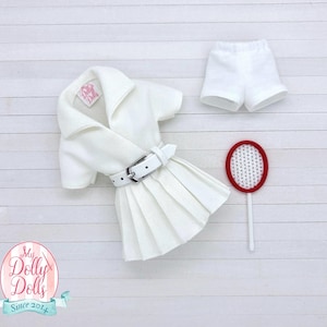 May include: A white doll-sized tennis outfit, including a pleated skirt, jacket with a belt, and shorts. A red and white badminton racket is also included. The outfit is from My Dolly Dolls, since 2014.
