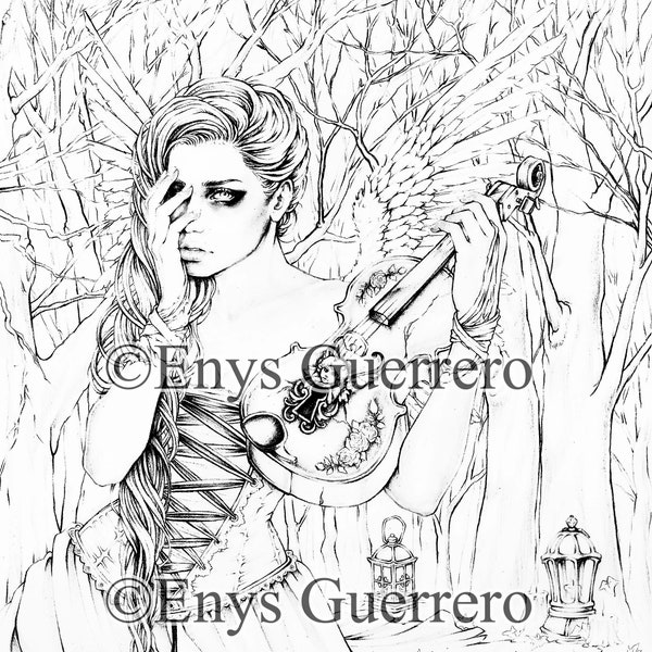 Angel Song - Coloring Page Goth Fantasy Printable Download by Enys Guerrero
