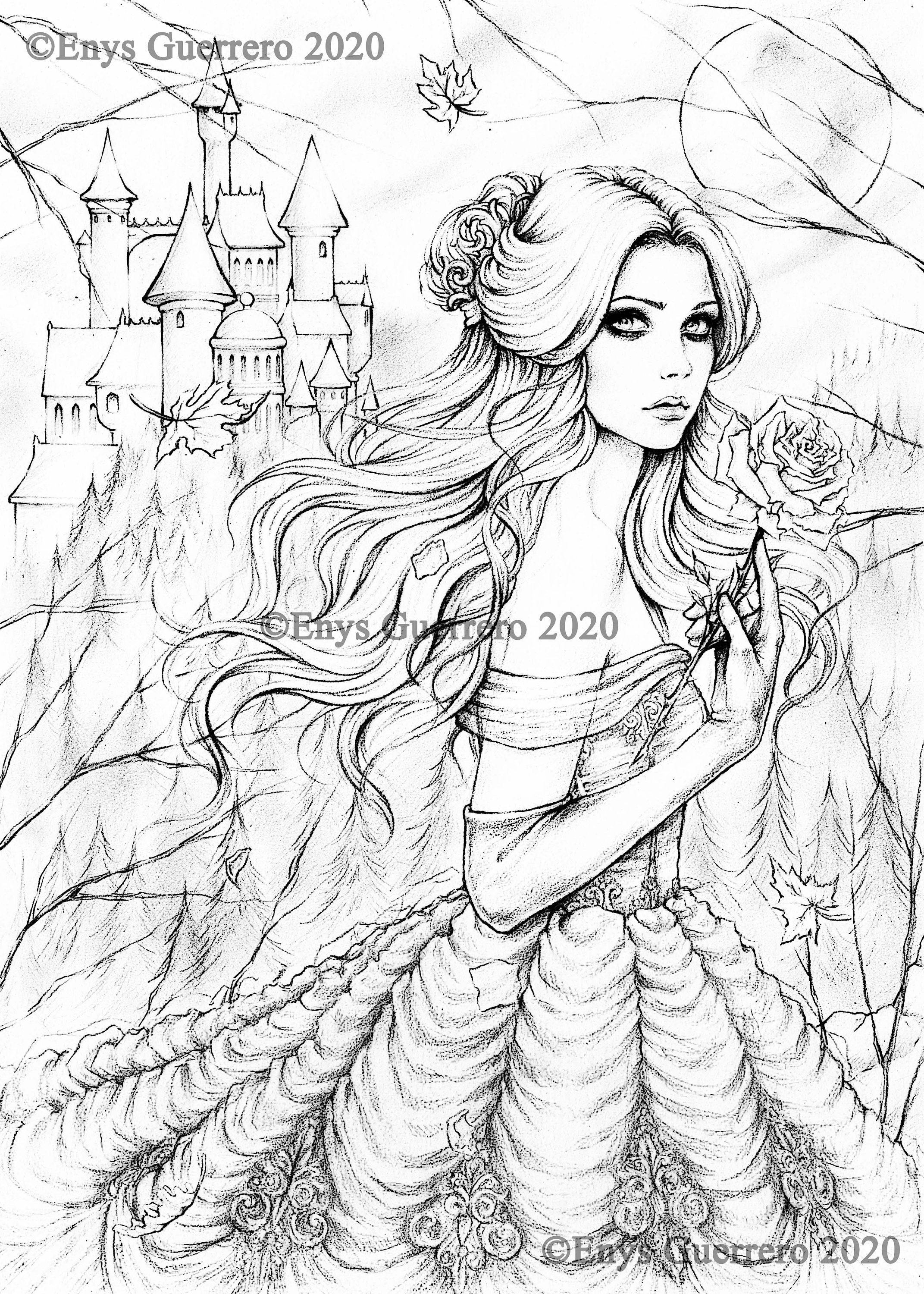 Princess Belle   Coloring Page   Goth Fantasy Printable Download JPG by  Enys Guerrero