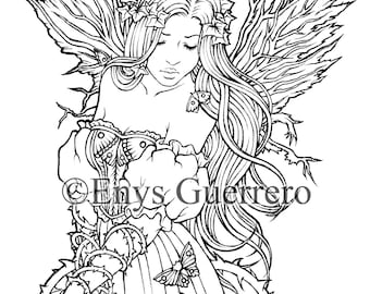 Fairy Princess of Autumn- Coloring Page Goth Fantasy Printable Download by Enys Guerrero