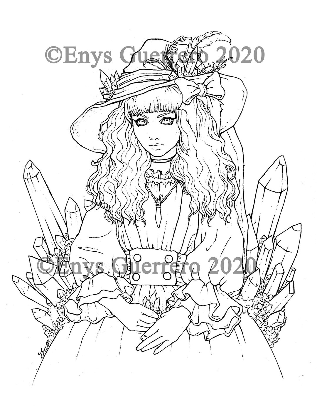 Black Crystal Witch Coloring Page Goth Fantasy Printable Etsy