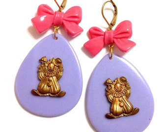 Vintage, Retro, Funny Circus Clown, Bow, Purple, Pink, Gold, Raw Brass, Acrylic, Plastic, Big, Long, Dangle drop, Statement earrings