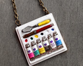 Paint Palette, Artist Necklace, Painting Paint Board, Paint Box Miniature Charm, Handmade, Antique Bronze Brass Chain, Unique Gift idea