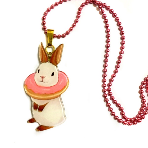 White rabbit, Little white bunny eating a doughnut, Cute, Kawaii, long necklace, Funny gift idea, Easter Bunny, Spring Celebration