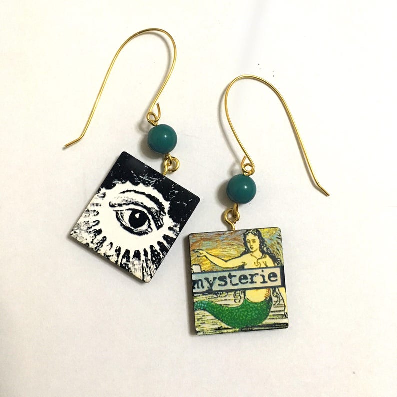 Square Tarot mystery mermaid Freaky Style Geometric Beaded earrings Vintage poster Gold Retro Vintage Flair Illuminati Eye Tattoo