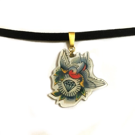 Hirondelle Rockabilly Love Bird Tatouage Old School Diamant Rock Roll Gothique Goth Tour De Cou Noir Col Paix Amour Collier