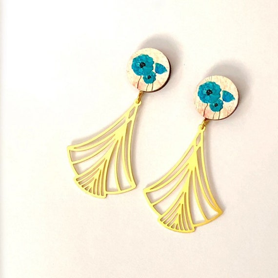 Simple Earrings Turquoise Floral Statement Earrings Gold Leaf Drop Earrings Geometric Chrysanthemum Flower Petal Drop Earrings Pastel