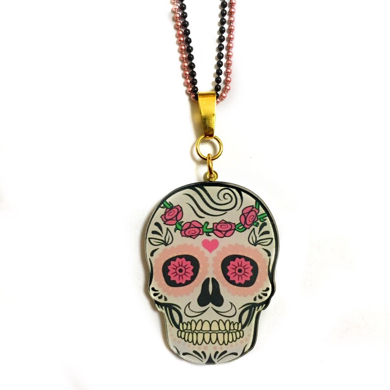 Gold Skull Orange Ball chain Dia de los Muertos Roses Frida Kahlo Red floral decor Statement necklace Sugar skull Kitch Gothic