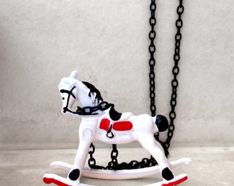 Children's Rocking Horse Chair Toy, Miniature Charm Necklace, Retro Vintage Style, White, Black, Red, Long Necklace, Statement necklace