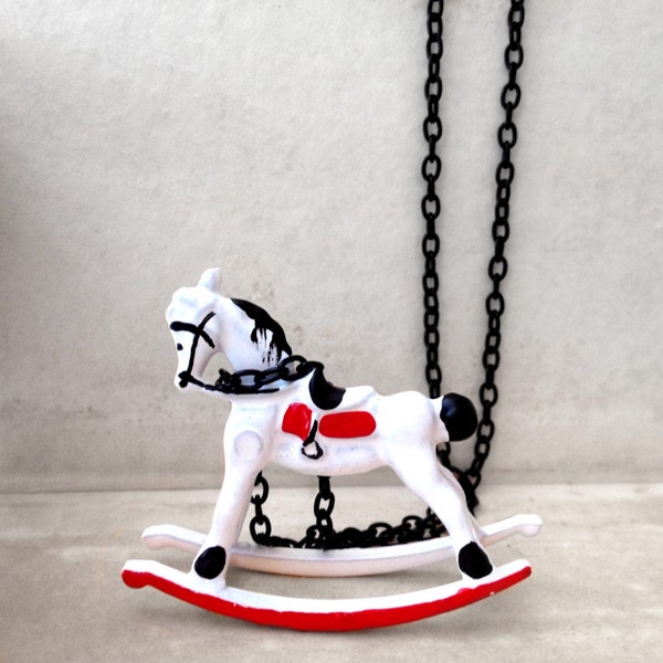 Children's Rocking Horse Chair Toy, Miniature Charm Necklace, Retro Vintage Style, White, Black, Red, Long Necklace, Statement necklace
