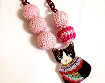 Geeky, Hipster, Black White Street Cat wearing Sweater & Knitted Scarf, Acrylic plastic charm, knitted beads, silk wine red chain necklace