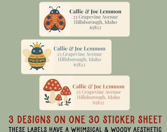 30 Folk Art Address Labels, Personalized Return Mailing Stickers | Whimsical Queen Bee, Ladybug and Mushroom Design | Vintage Colorful Charm