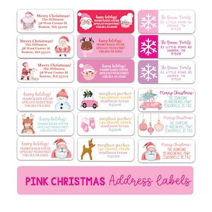 Etiquetas de endereço de Natal rosa, 60 unidades de adesivos de correspondência foscos para cartões e convites de Natal, Papai Noel, quebra-nozes, flocos de neve, tema de inverno