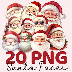 20 Clipart de rostos de Papai Noel, PNGs transparentes para sublimação e artesanato | Download digital de Natal para projetos DIY, camisetas, adesivos