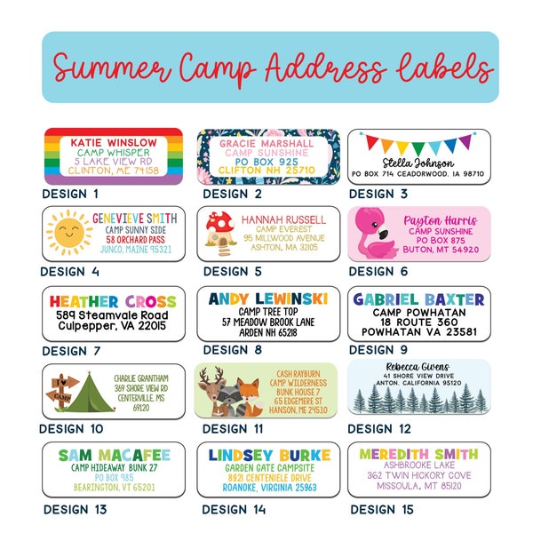 Kids Camp Address Labels, Return Address Labels for Summer Camp, 30 Personalized Mailing Labels for Camp, Rainbow Name Labels for Camp