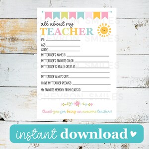 Teacher Appreciation Week Printable, All About My Teacher Survey, Teacher Printable, Fill In The Blank, Teacher Thank You Digital Download