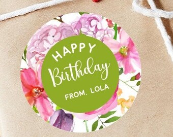 パーソナライズされた誕生日ギフトラベル | 花柄の誕生日ステッカー | ハッピーバースデーラベル | フラワーギフトステッカー | ガーリーな誕生日ステッカー