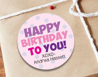 Custom Happy Birthday Stickers - Set of 12, Personalized Birthday Sticker, Custom Birthday Label, Colorful Birthday Sticker, Polka Dots