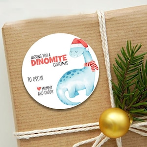 etiqueta de Navidad de dinosaurio personalizada, etiqueta de regalo navideño de dinosaurio, pegatina de regalo de Navidad de nombre personalizado para niños, pegatinas navideñas para niños