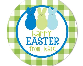 Green Gingham Easter Bunny Stickers, Personalized Easter Labels, Bunny Stickers, Easter Egg Hunt Labels, Round Gift Favors