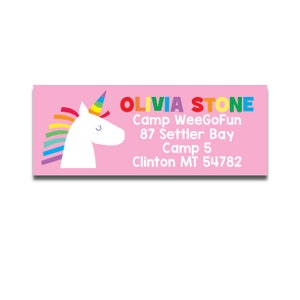 Kinder Camp Adressaufkleber, Mädchen Adressaufkleber für Lager, Einhorn Adressaufkleber, Regenbogen Adressaufkleber