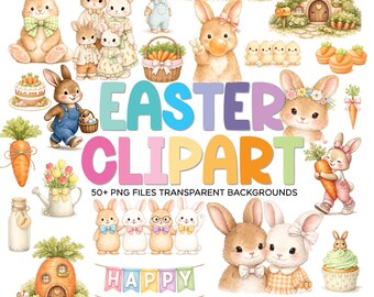 Easter Bunny Clipart PNG, Watercolor Spring Clipart, PNG Bundle Cute Carrots, Chicks, Bunny Rabbit, Commercial Use, Easter Sublimation
