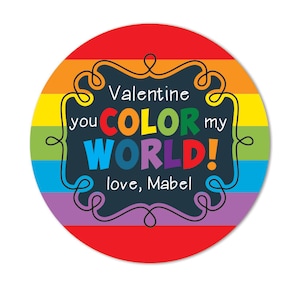 Valentine Day Stickers, You Color My World, Crayon Stickers, Rainbow Valentine Day Gift Favor Tags, Personalized kids Classroom Valentines