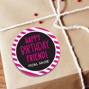 Colorful Trendy Birthday Gift Stickers, Personalized Set of 12 Birthday Present Tags | Pink and Black Striped Custom Birthday Stickers Girls