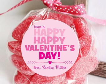 Personalized Treat Bag Stickers for Valentine's Day, Happy Valentine's Day, Classroom Valentines for girls